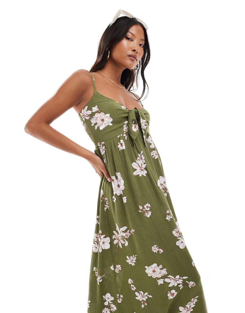 JDY Petite tie front maxi dress in khaki floral