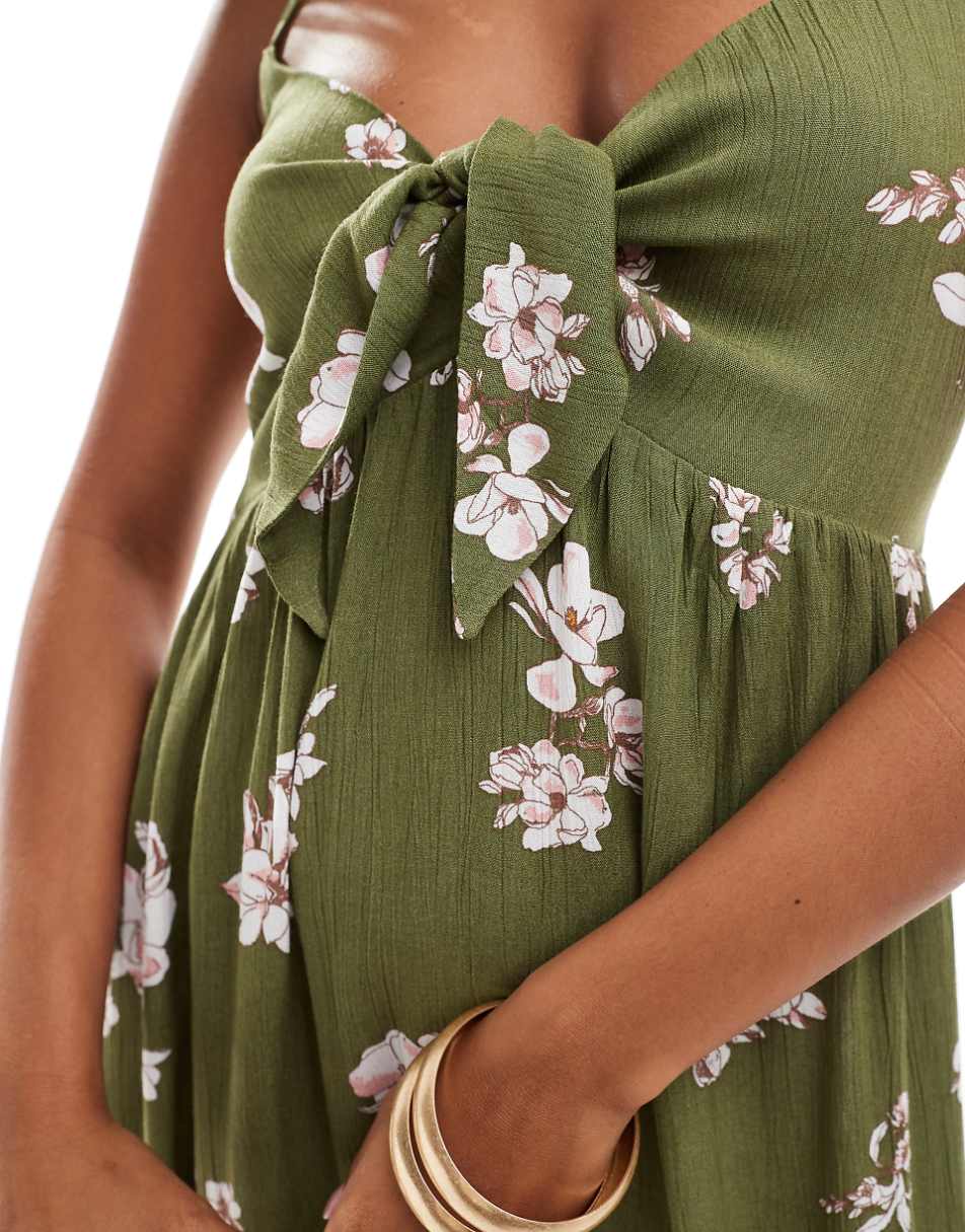 JDY Petite tie front maxi dress in khaki floral