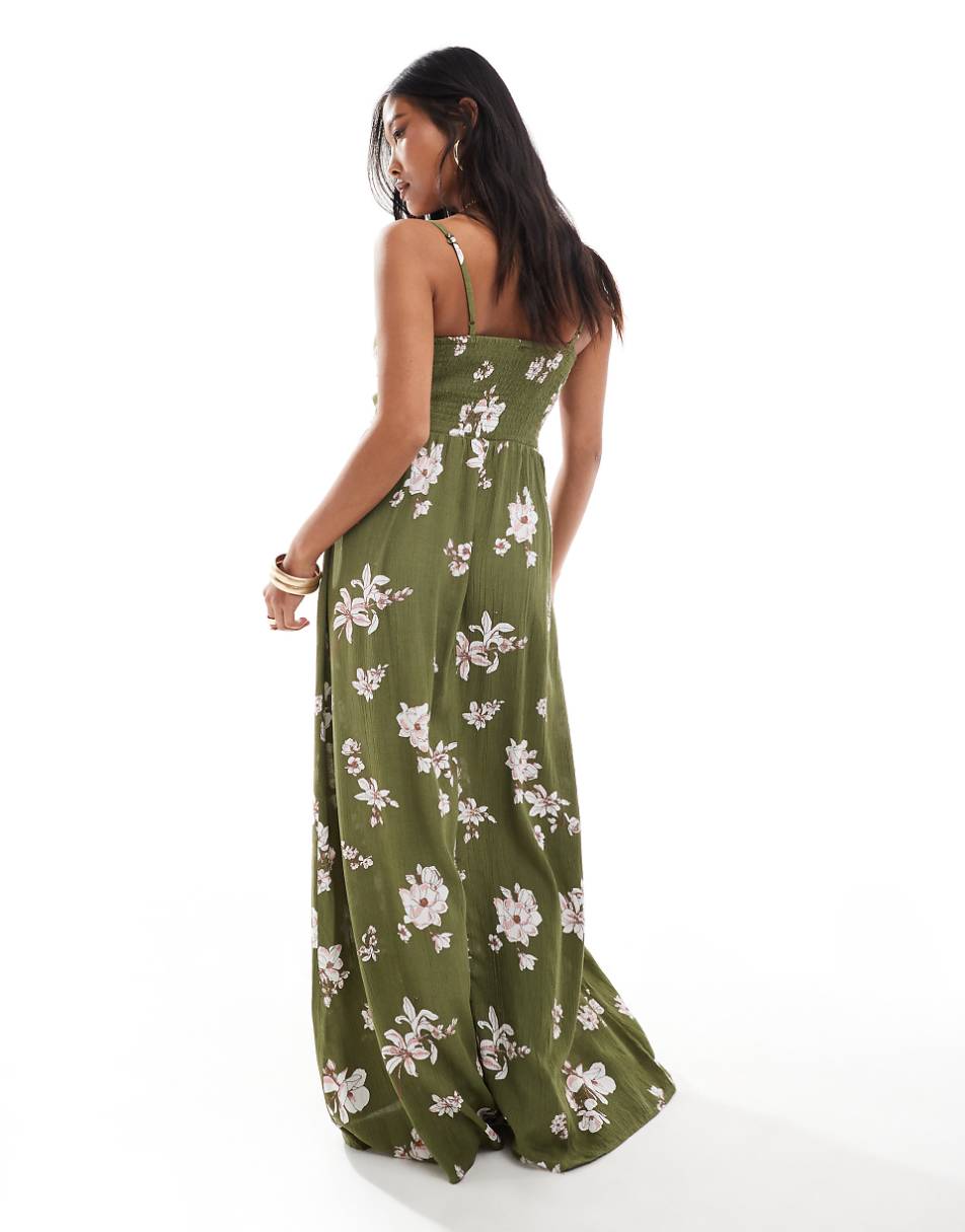 JDY Petite tie front maxi dress in khaki floral