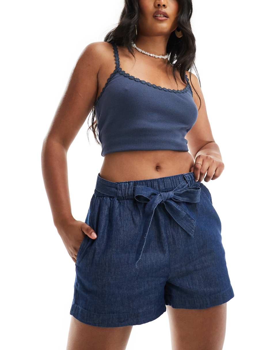 JDY chambray tie front shorts in indigo