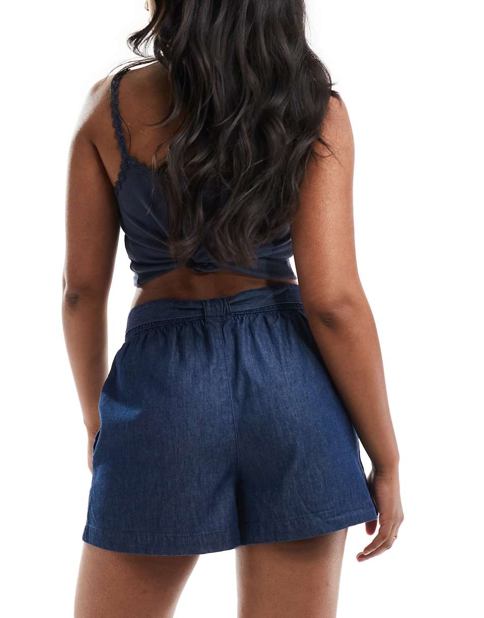 JDY chambray tie front shorts in indigo