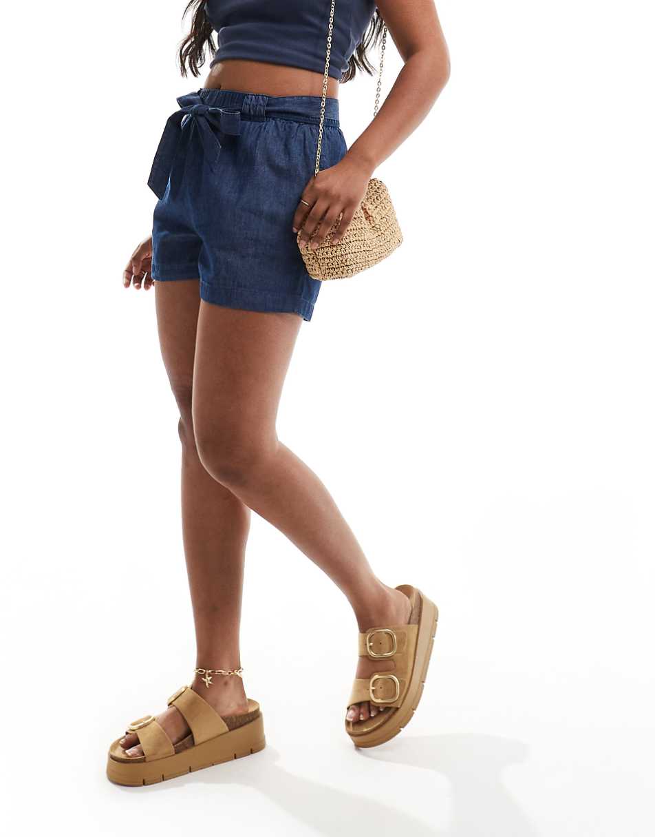 JDY chambray tie front shorts in indigo