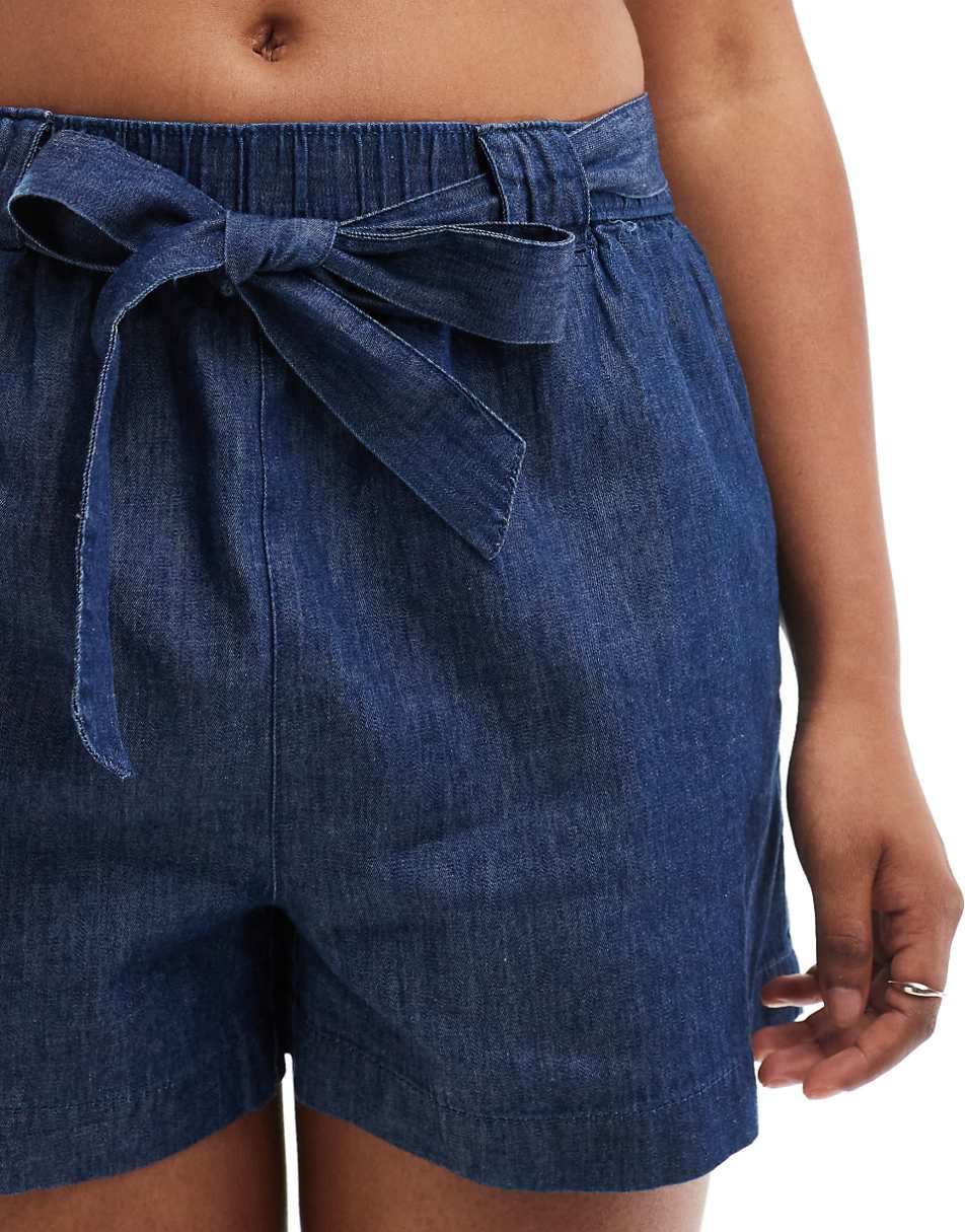 JDY chambray tie front shorts in indigo