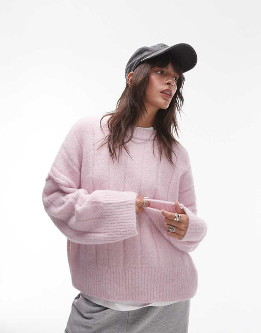 Topshop knit vertical rib crew oversized sweater in lilac