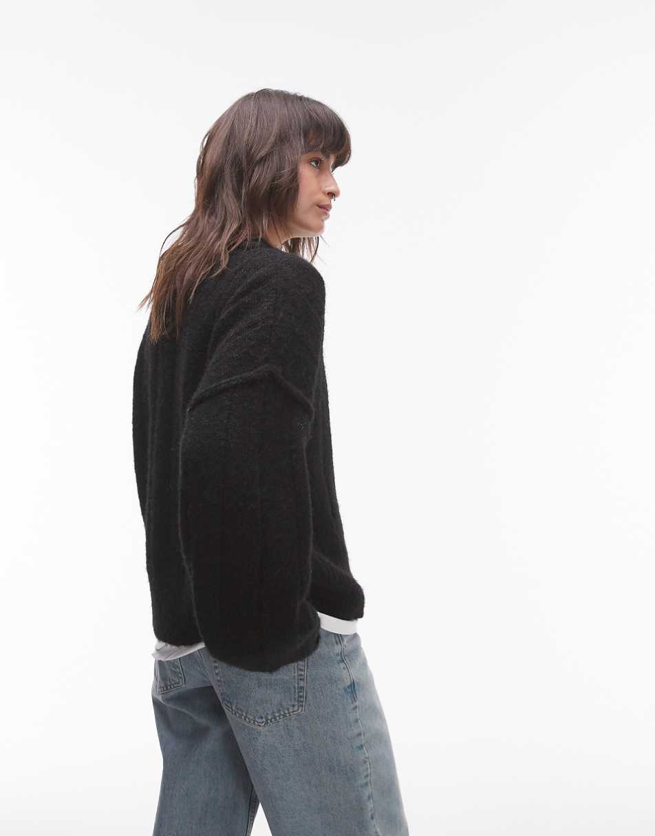 Topshop knit vertical ribbed crew oversized sweater in black