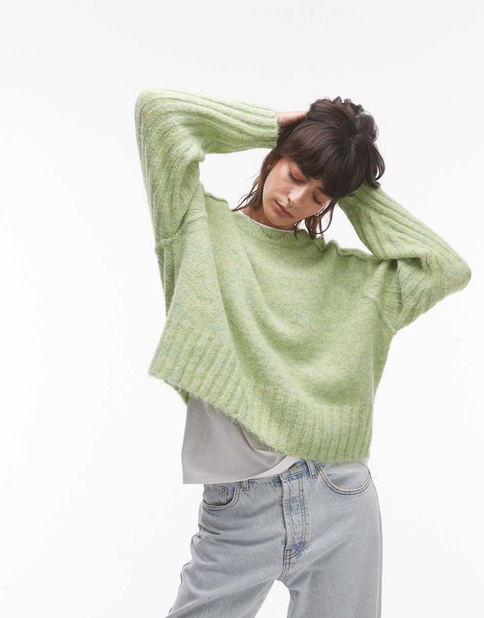 Topshop knit fluffy ribbed detail exposed seam crew oversized sweater in light green