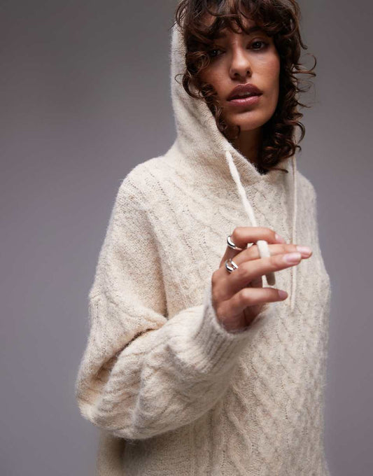 Topshop knitted fluffy hoodie in oat