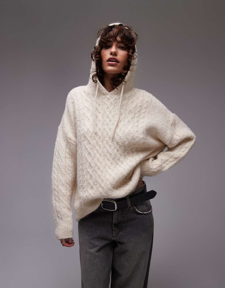 Topshop knitted fluffy hoodie in oat