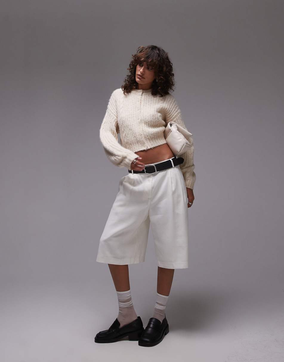 Topshop knitted cropped fluffy cable cardi in cream