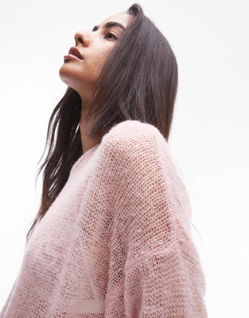 Topshop knit sheer longline sweater in pink