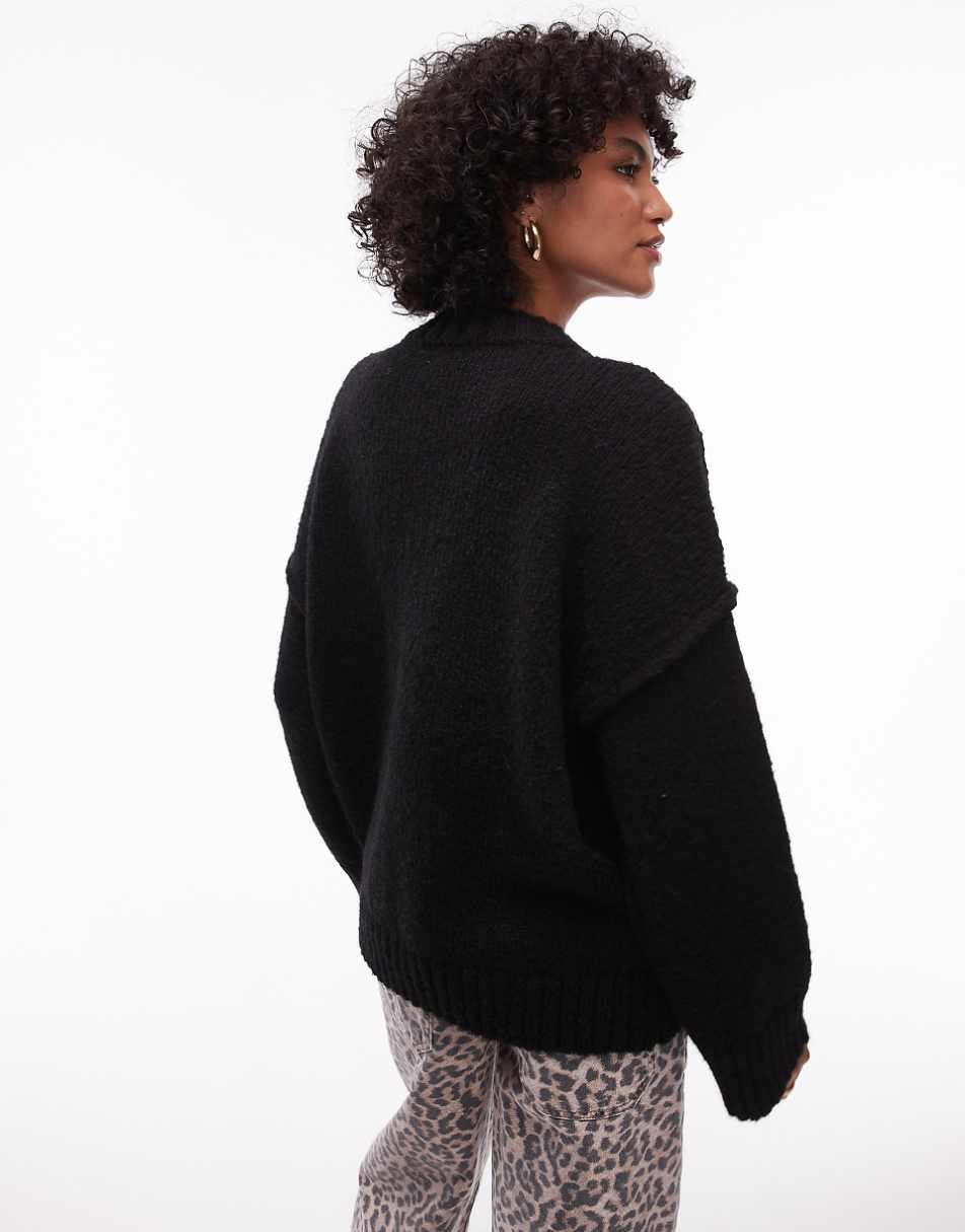 Topshop knit fluffy ribbed detail exposed seam crew oversized sweater in black