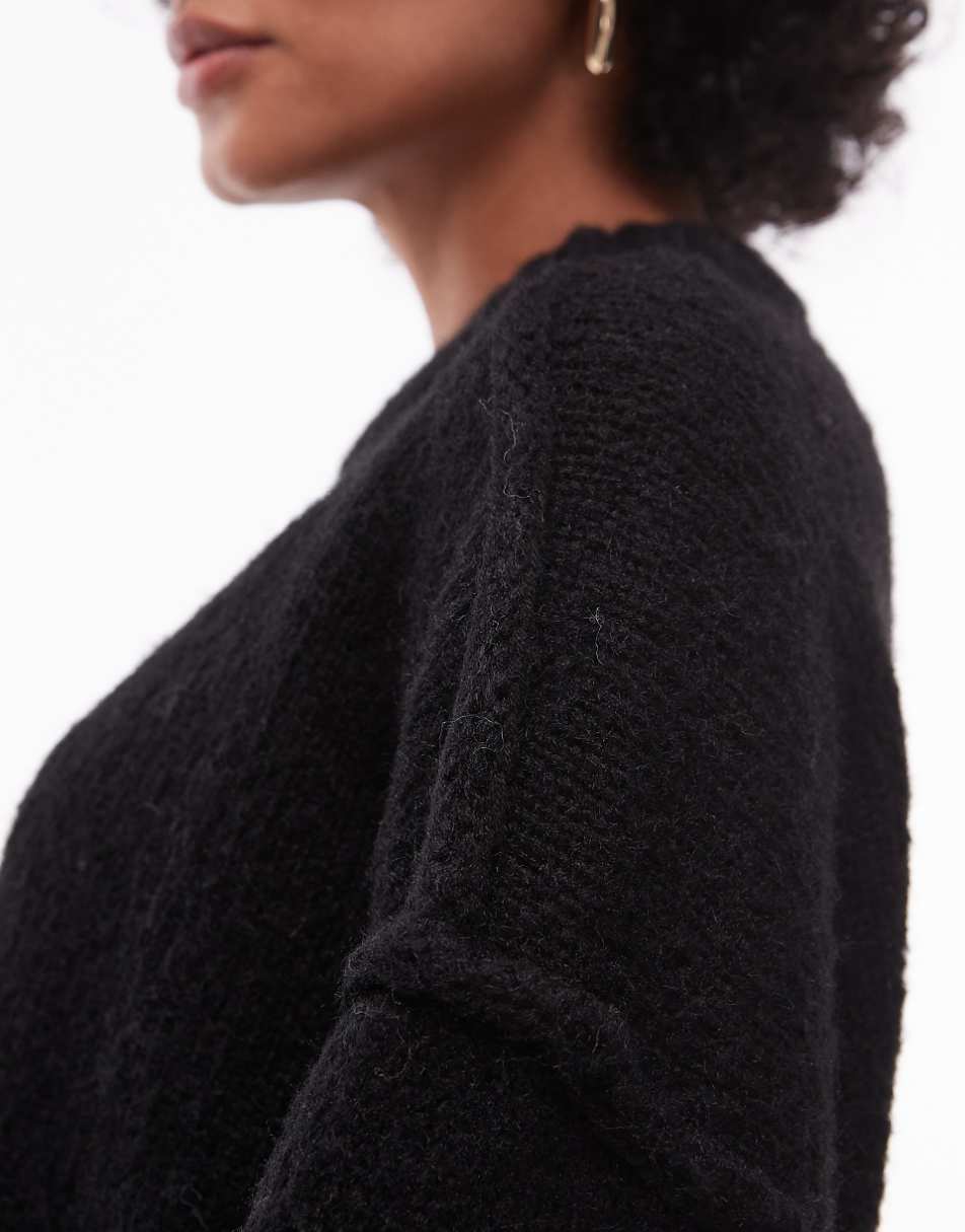 Topshop knit fluffy ribbed detail exposed seam crew oversized sweater in black