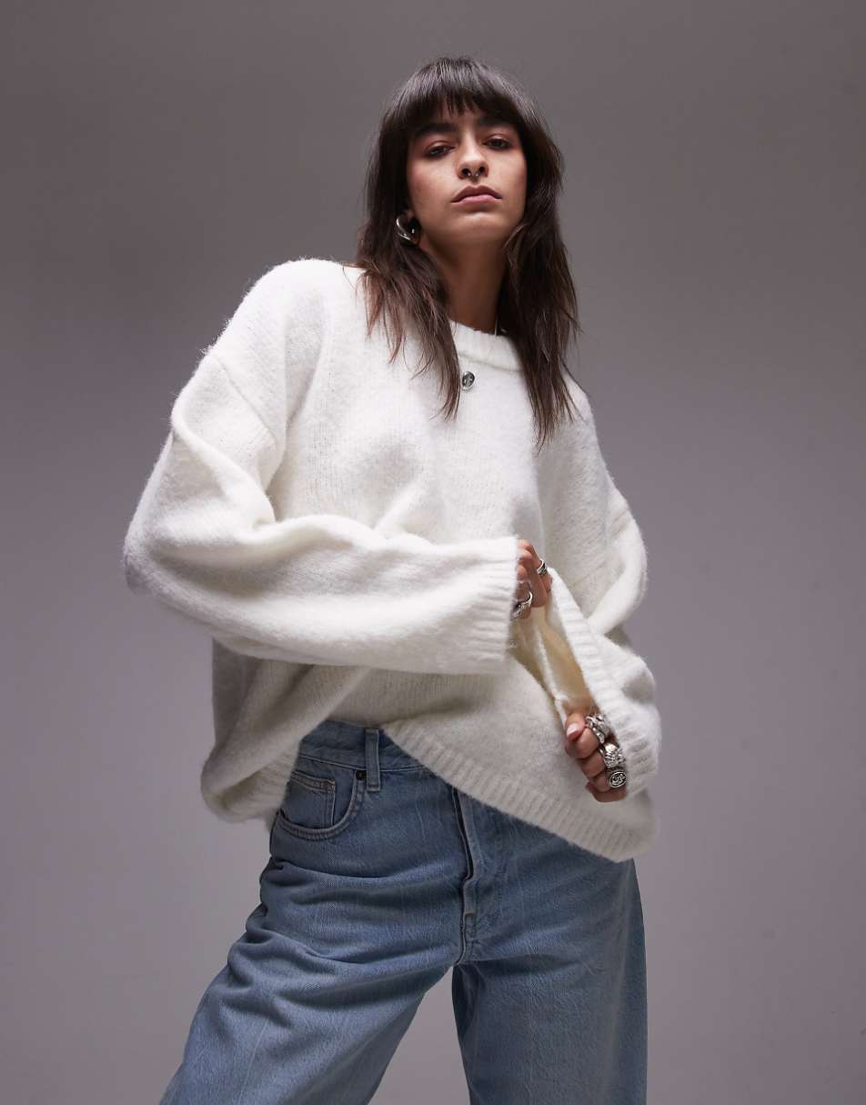 Topshop knit boxy fluffy crew neck sweater in ivory