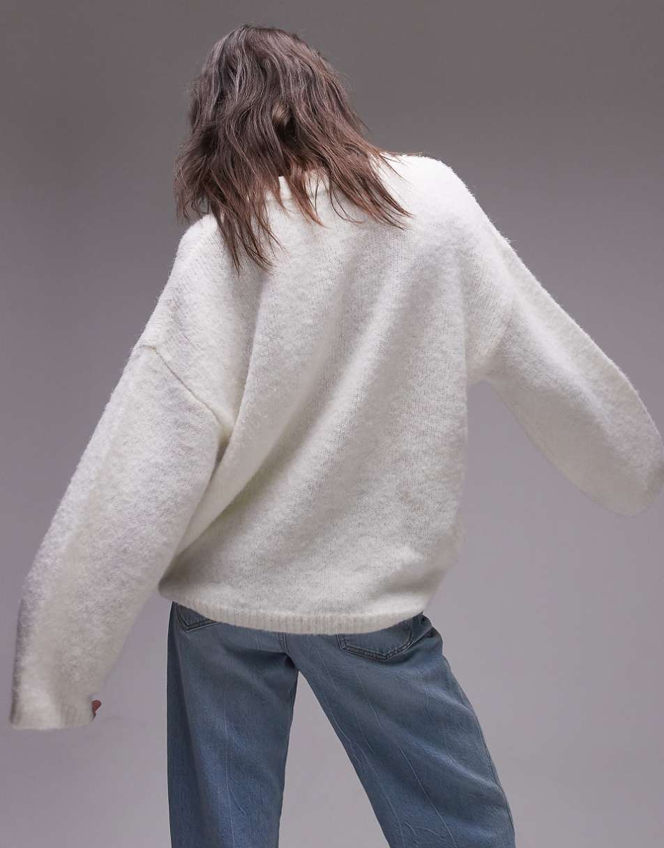 Topshop knit boxy fluffy crew neck sweater in ivory