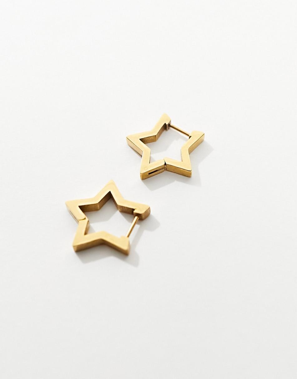 ASOS DESIGN waterproof stainless steel hoop earrings with star design in gold tone