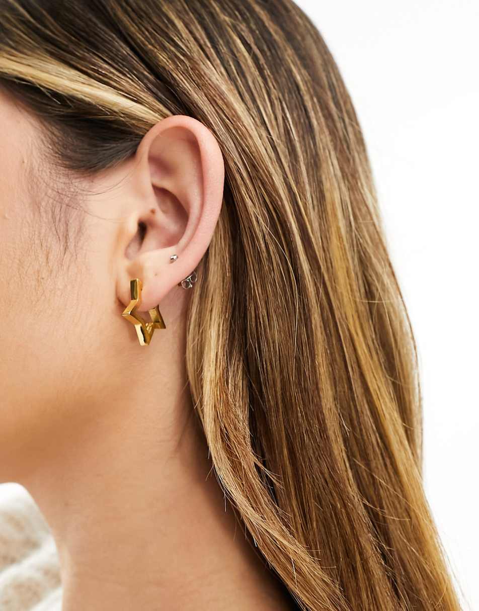 ASOS DESIGN waterproof stainless steel hoop earrings with star design in gold tone