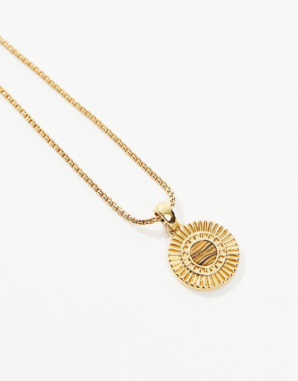 ASOS DESIGN 14k gold plated adjustable necklace with tigers eye look coin pendant