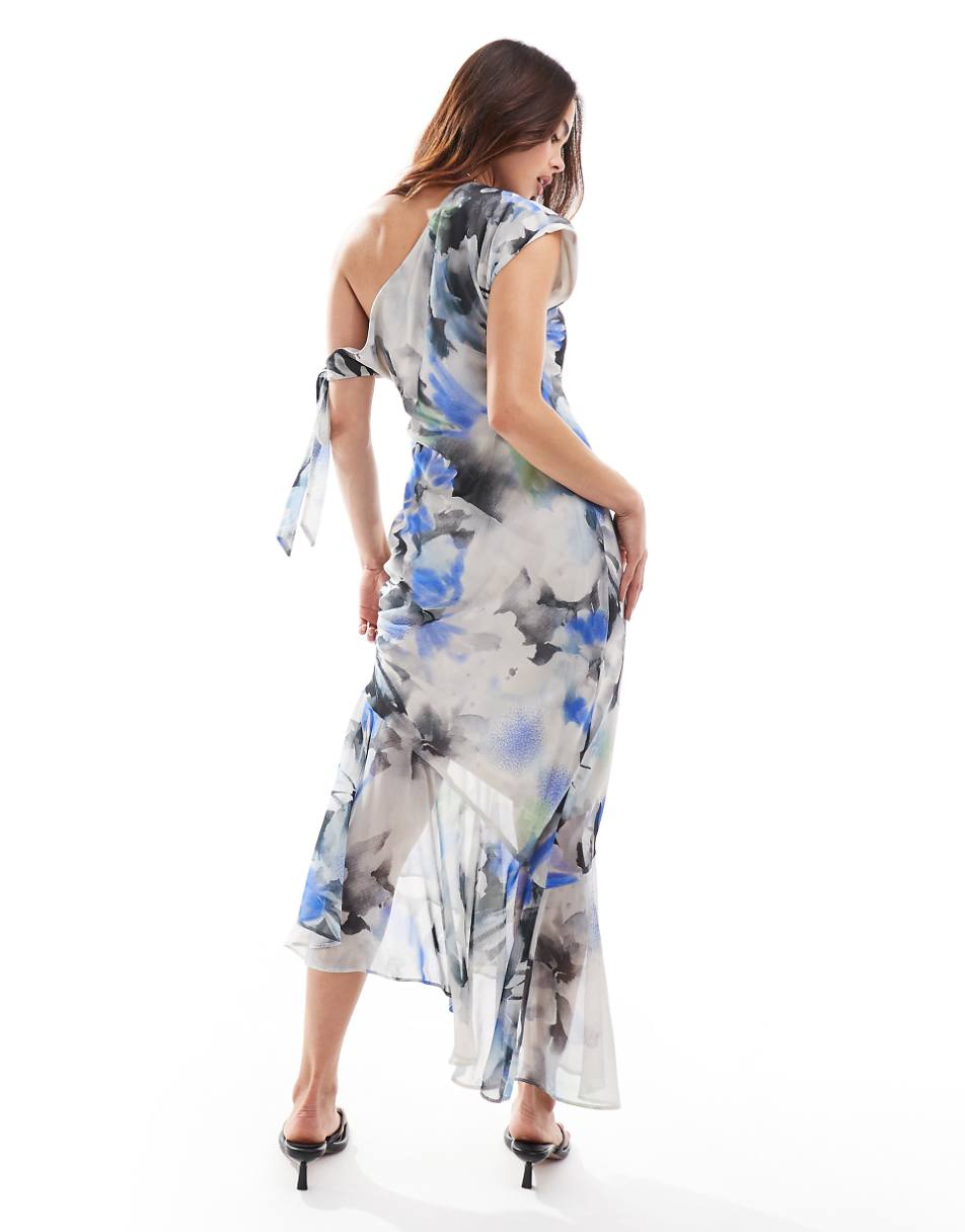 ASOS DESIGN asymmetric tie up midi dress in blue floral print