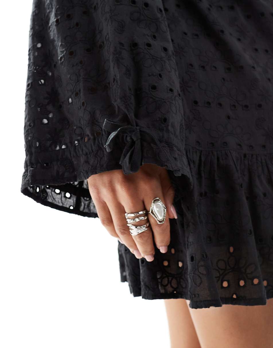 Reclaimed Vintage western eyelet smock mini dress in black