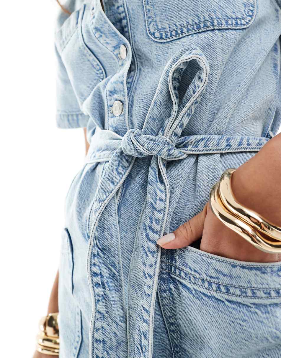 ASOS DESIGN denim boxy romper with belt in light wash blue