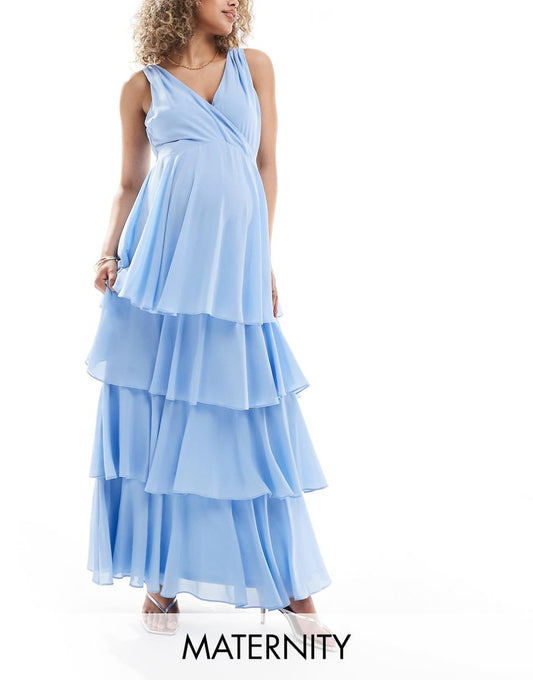 TFNC Bridesmaids Maternity chiffon tiered maxi dress in powder blue