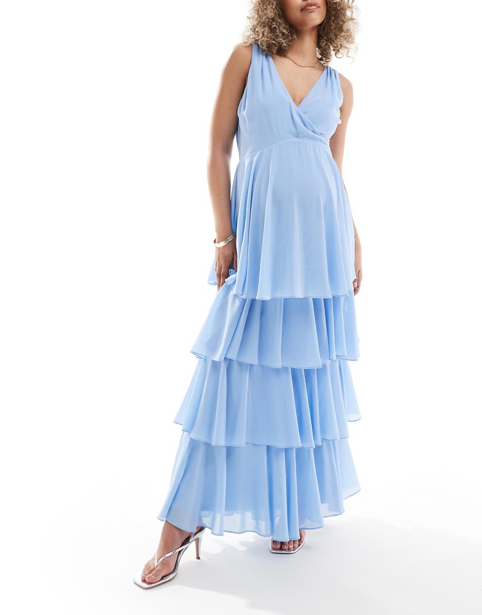 TFNC Bridesmaids Maternity chiffon tiered maxi dress in powder blue