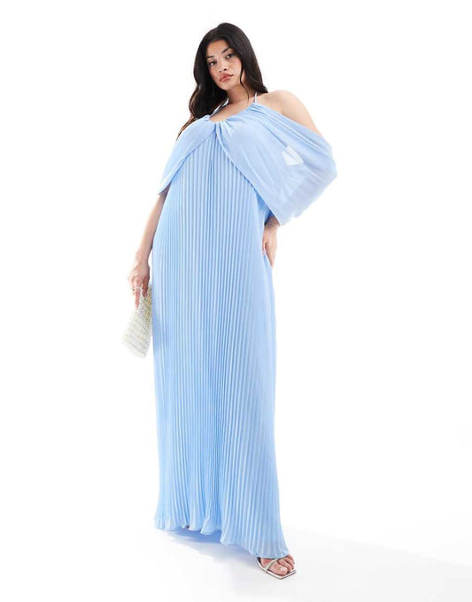 TFNC Bridesmaids Plus cold shoulder chiffon pleated maxi dress in powder blue