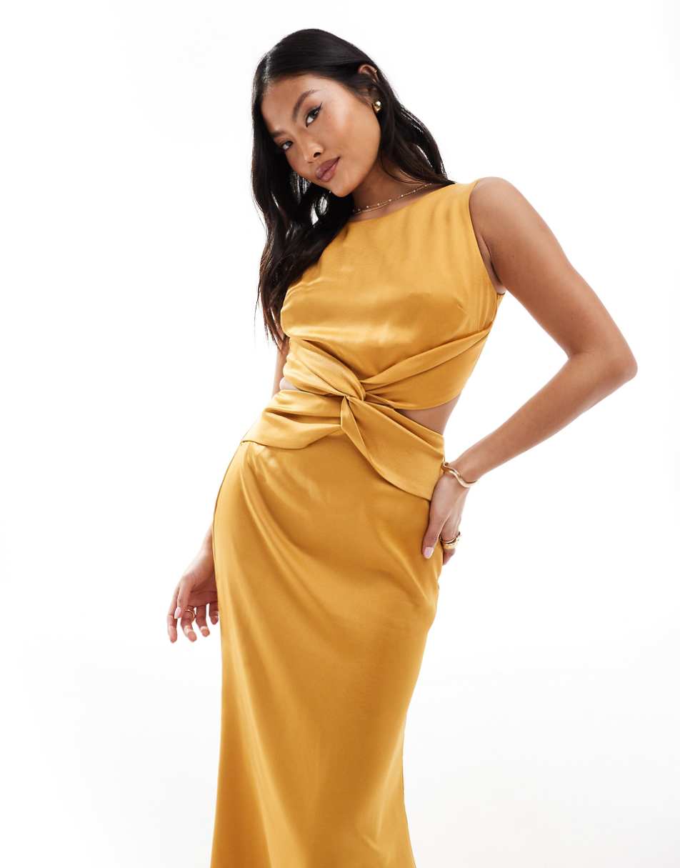 TFNC Bridesmaid Petite deep V back waist cut out satin maxi dress in yellow