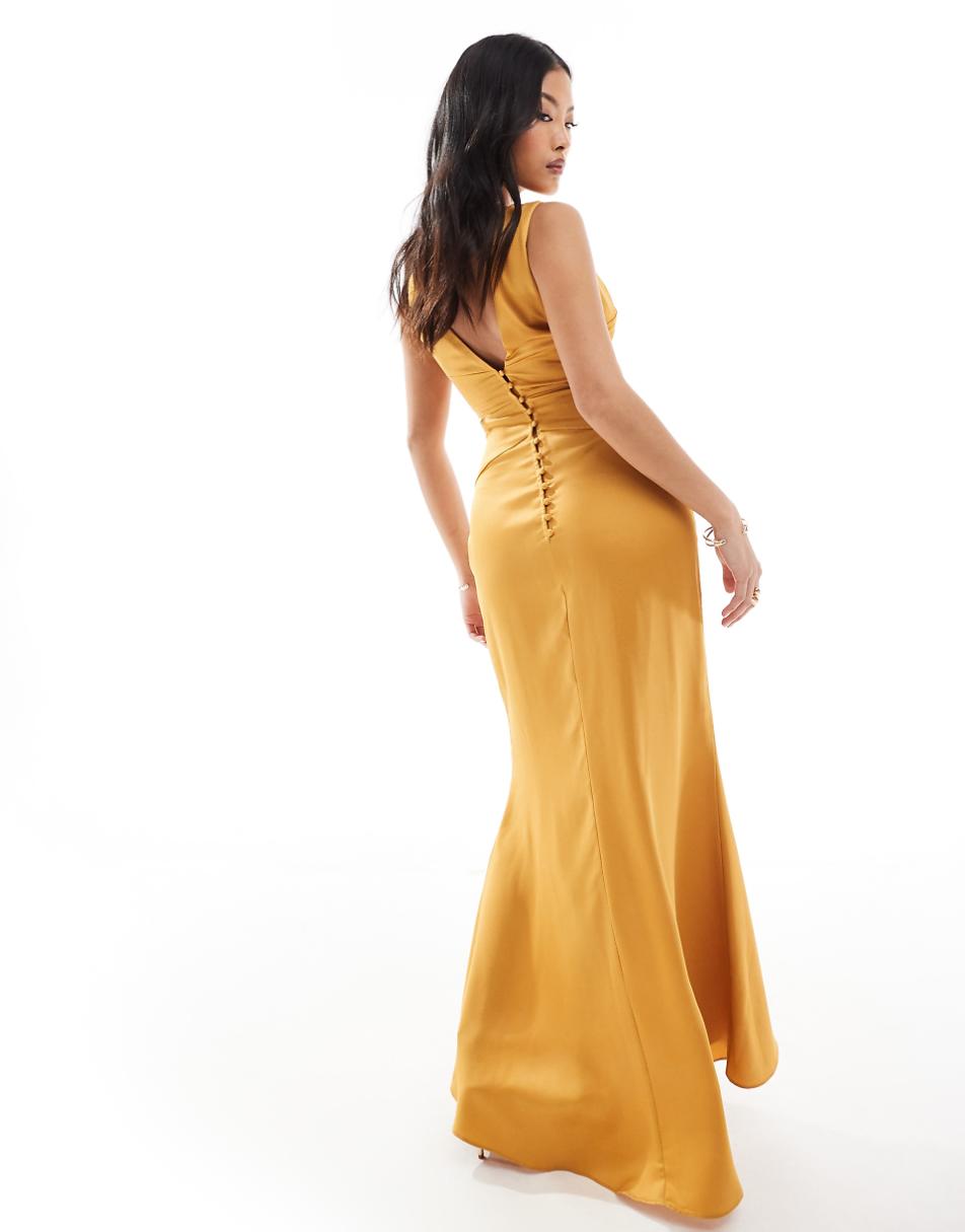 TFNC Bridesmaid Petite deep V back waist cut out satin maxi dress in yellow