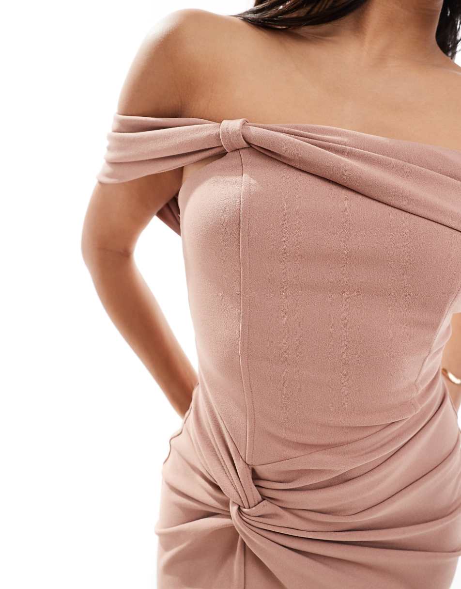 TFNC Bridesmaids Petite off the shoulder maxi dress with pleat in rose brown