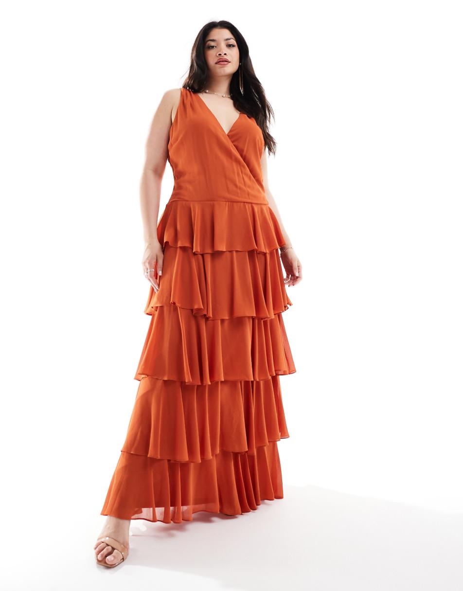 TFNC Bridesmaids Plus chiffon tiered maxi dress in rust