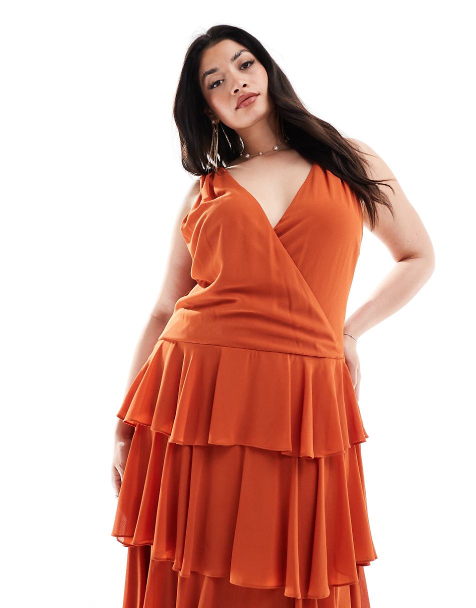 TFNC Bridesmaids Plus chiffon tiered maxi dress in rust