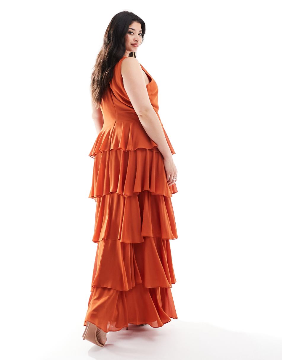 TFNC Bridesmaids Plus chiffon tiered maxi dress in rust