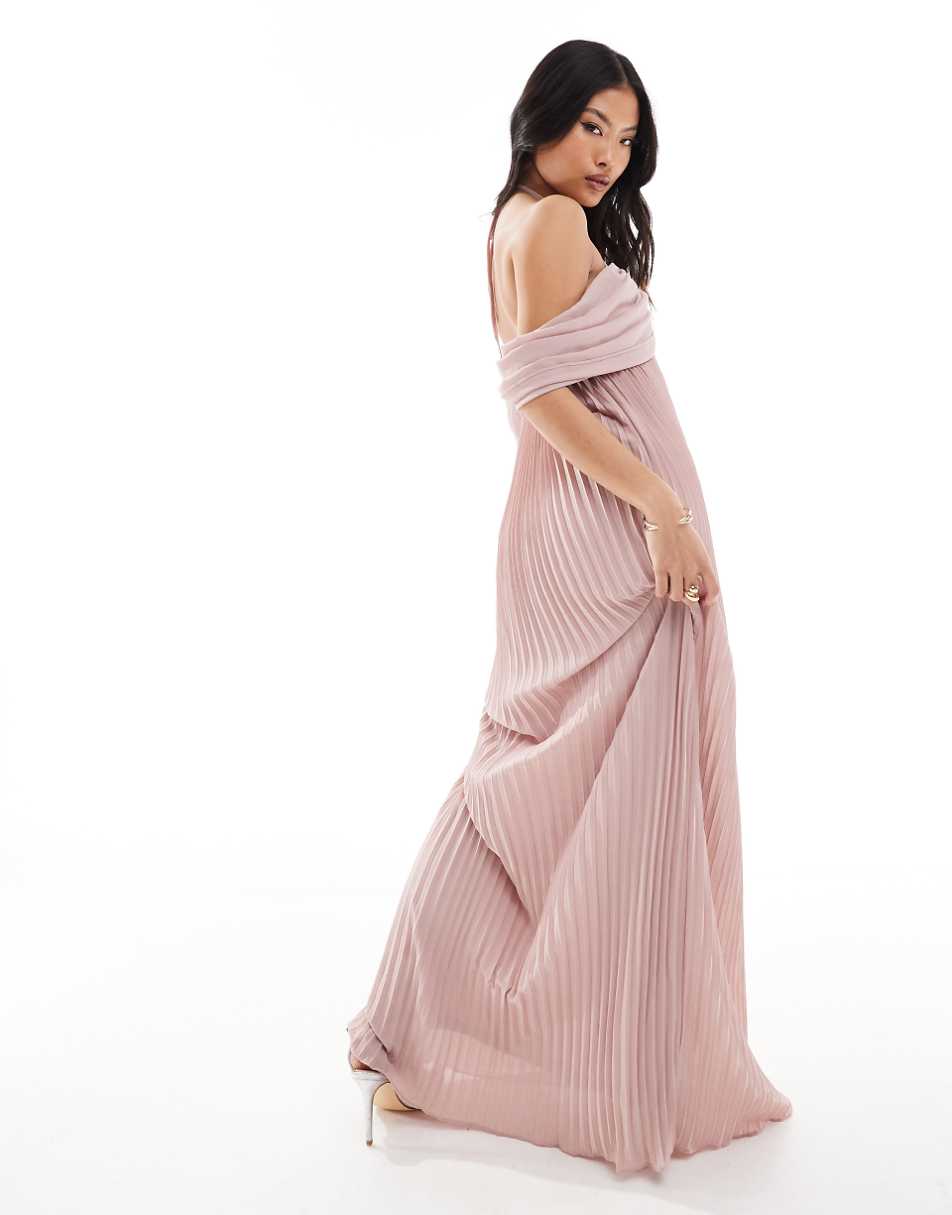 TFNC Bridesmaids Petite cold shoulder chiffon pleated maxi dress in soft pink