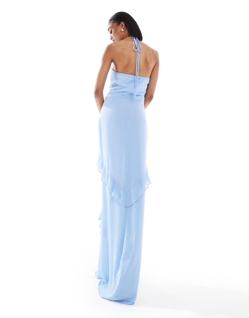 TFNC Bridesmaids Tall chiffon halterneck frill maxi dress in powder blue