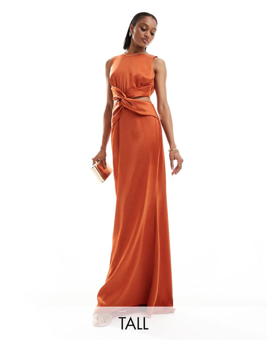 TFNC Bridesmaid Tall satin deep V-back waist cut-out satin maxi dress in rust