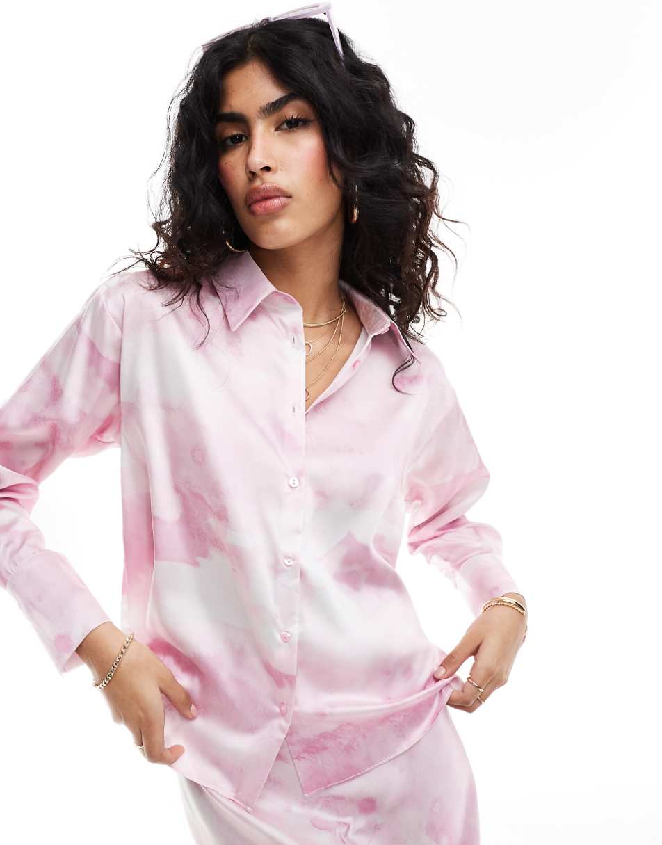 Style Cheat satin oversized shirt in prink smudge print - part of a set