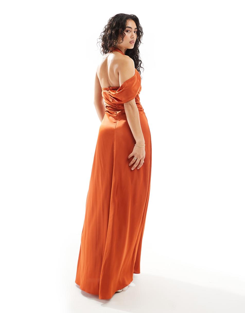 TFNC Bridesmaids satin maxi dress with fallen shoulder in rust