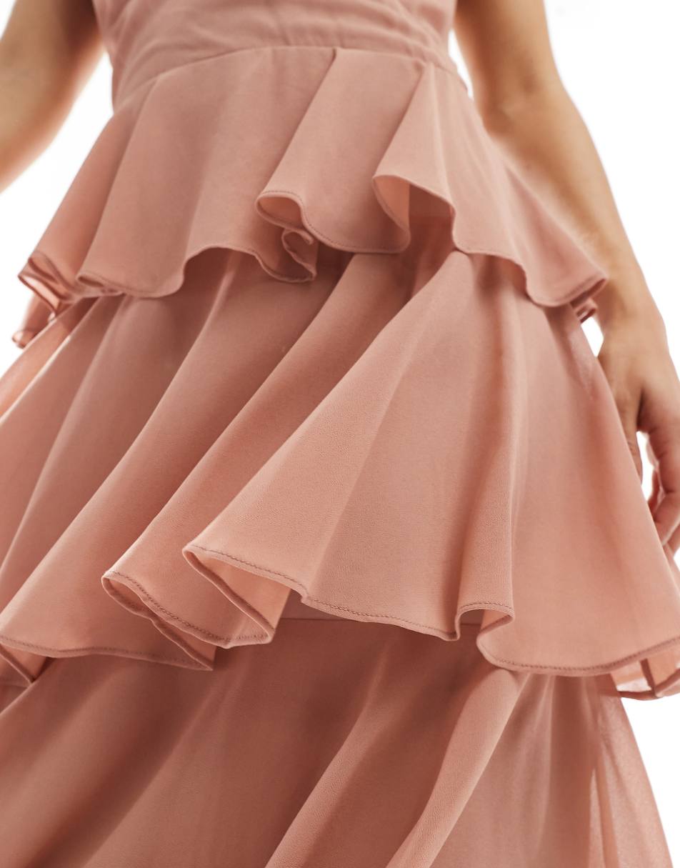 TFNC Bridesmaids chiffon tiered maxi dress in rose brown