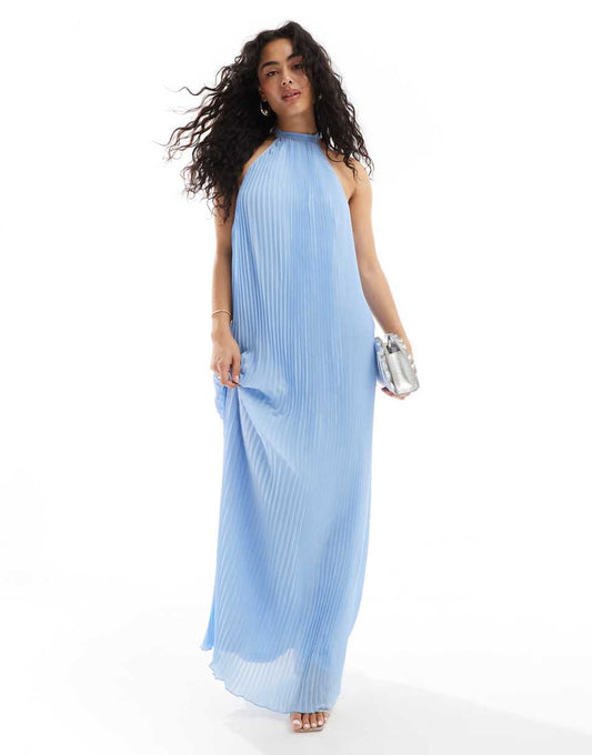 TFNC Bridesmaids chiffon pleated halterneck maxi dress in powder blue