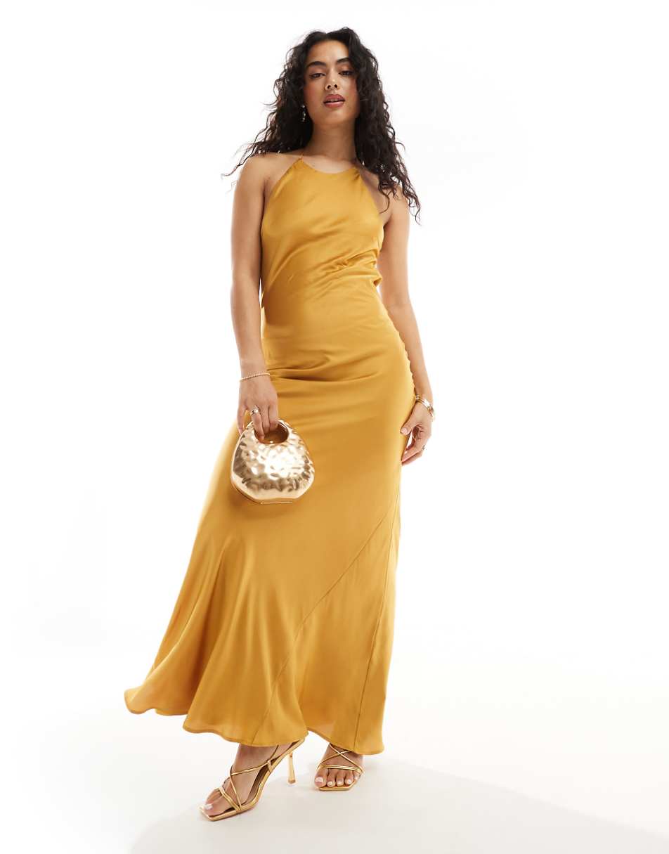 TFNC Bridesmaids satin maxi dress with tie back and button detail in marigold