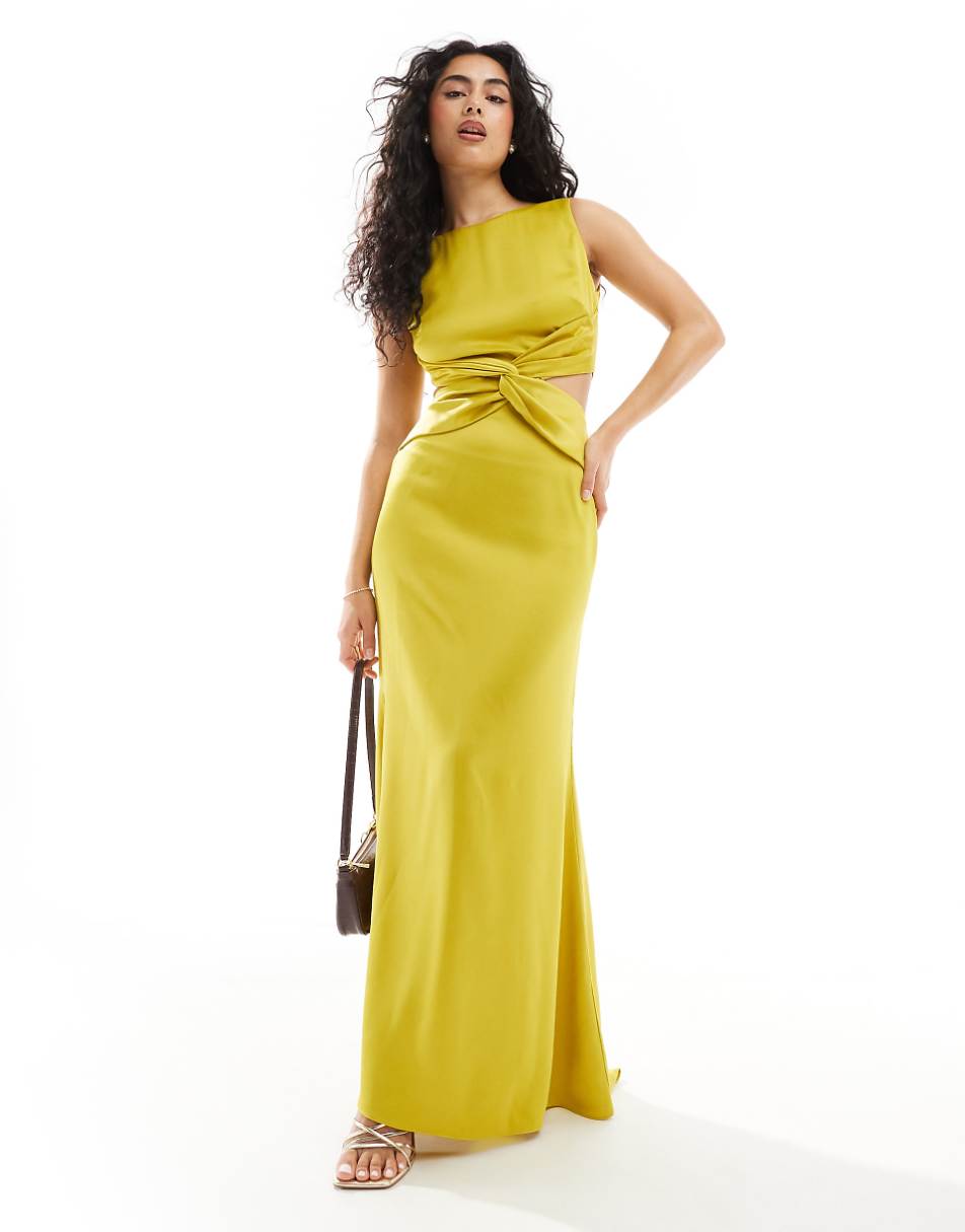 TFNC satin deep V-back waist cut-out satin maxi dress in lime