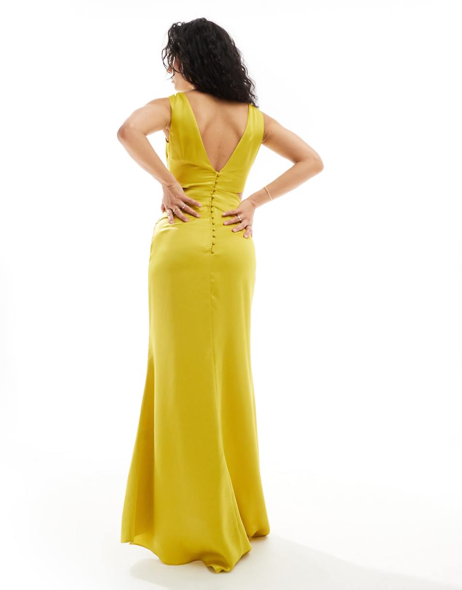 TFNC satin deep V-back waist cut-out satin maxi dress in lime