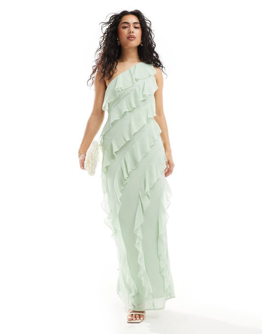 TFNC Bridesmaids chiffon one shoulder maxi dress with frills in fresh mint