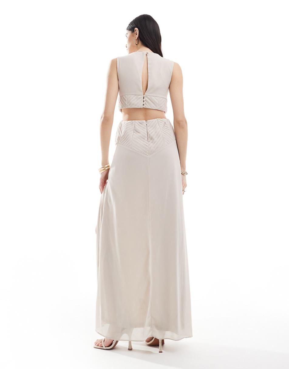 TFNC Bridesmaids chiffon pleated maxi dress with split in ecru