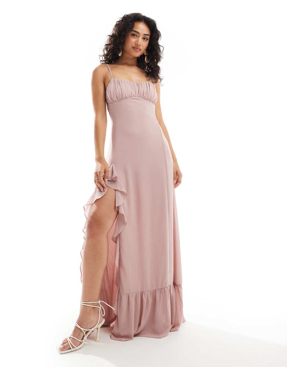 TFNC Bridesmaids chiffon cami maxi dress with split and frill detail in soft pink