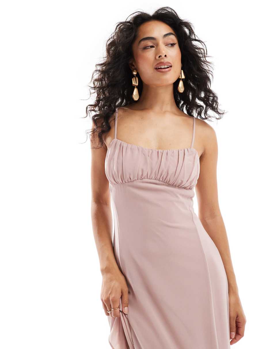 TFNC Bridesmaids chiffon cami maxi dress with split and frill detail in soft pink