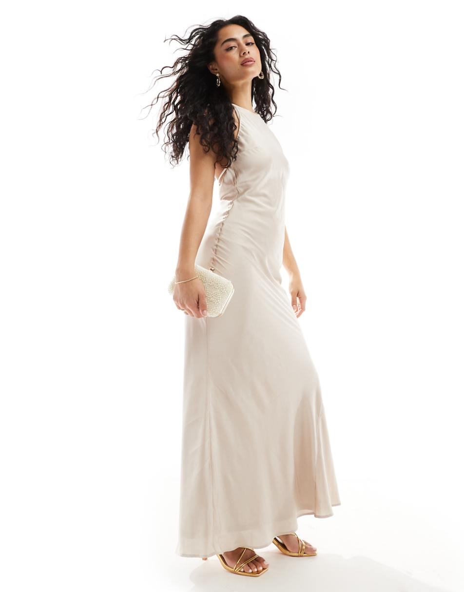 TFNC Bridesmaids satin maxi dress with tie back and button detail in champagne