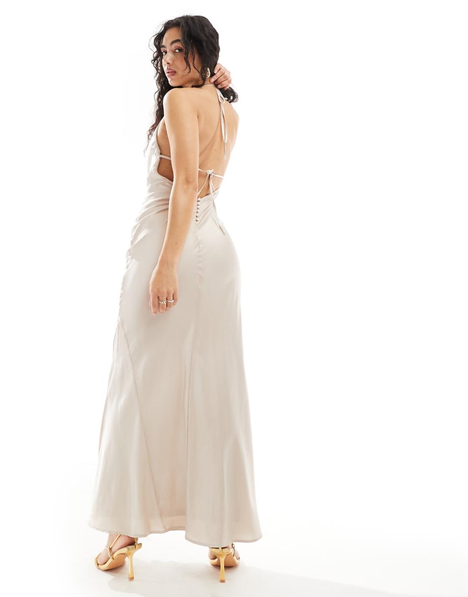 TFNC Bridesmaids satin maxi dress with tie back and button detail in champagne