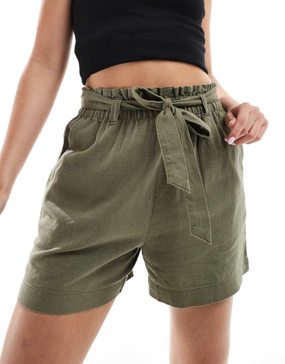 JDY paperbag tie waist linen mix shorts in khaki